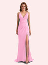 Sexy Spaghetti Straps Side Slit Mermaid Soft Satin Long Matron of Honor Dress For Wedding