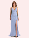 Sexy Spaghetti Straps Side Slit Mermaid Soft Satin Long Matron of Honor Dress For Wedding