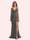 Sexy Spaghetti Straps Side Slit Mermaid Soft Satin Long Matron of Honor Dress For Wedding