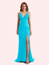 Sexy Spaghetti Straps Side Slit Mermaid Soft Satin Long Matron of Honor Dress For Wedding