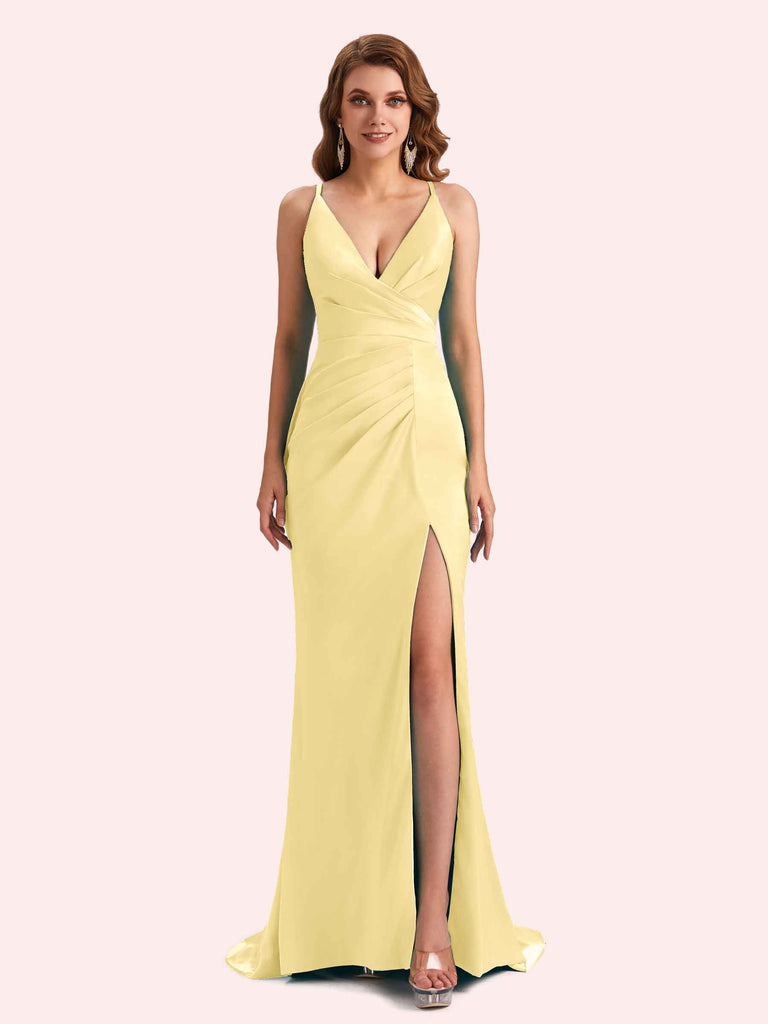 Sexy Spaghetti Straps Side Slit Mermaid Soft Satin Long Matron of Honor Dress For Wedding