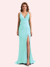 Sexy Spaghetti Straps Side Slit Mermaid Soft Satin Long Matron of Honor Dress For Wedding