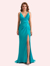 Sexy Spaghetti Straps Side Slit Mermaid Soft Satin Long Matron of Honor Dress For Wedding