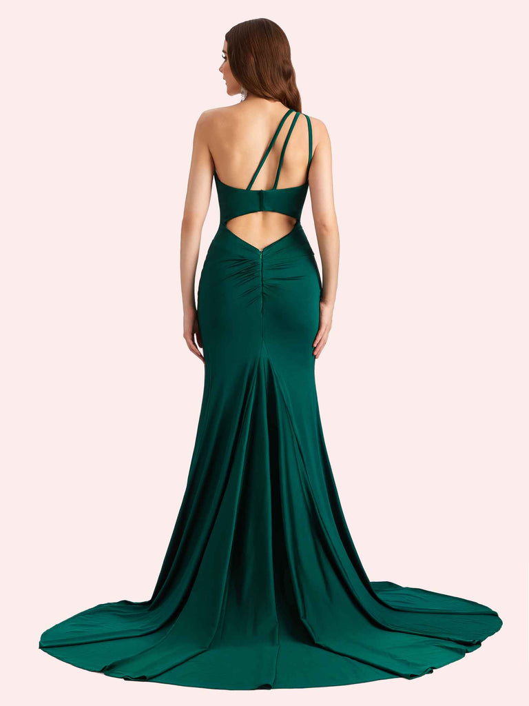 Sexy Side Slit One Shoulder Stretch Jersey Long Mermaid Bridesmaid Dresses