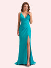 Sexy Spaghetti Straps Side Slit Mermaid Soft Satin Long Matron of Honor Dress For Wedding