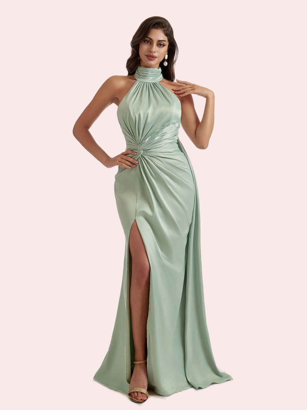Elegant Mermaid Pleats Side Slit Halter Soft Satin Long Bridesmaid Dress For Wedding