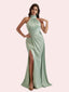 Elegant Mermaid Pleats Side Slit Halter Soft Satin Long Bridesmaid Dress For Wedding
