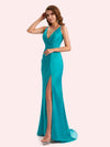 Sexy Spaghetti Straps Side Slit Mermaid Soft Satin Long Matron of Honor Dress For Wedding