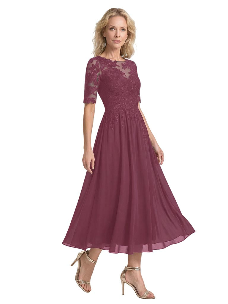 Elegant Illusion Half Sleeves Chiffon Short A-Line Mother Of The Bride Dresses
