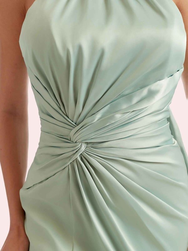 Elegant Mermaid Pleats Side Slit Halter Soft Satin Long Bridesmaid Dress For Wedding