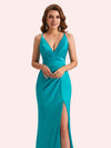 Sexy Spaghetti Straps Side Slit Mermaid Soft Satin Long Matron of Honor Dress For Wedding