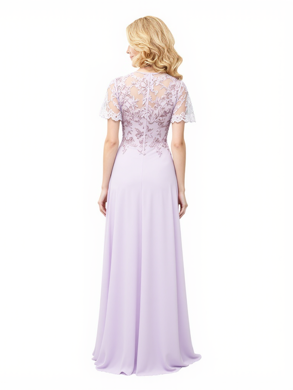 Elegant Lace Applique A-line Side Slit Ruffle Chiffon Long Mother of the Bride Dresses