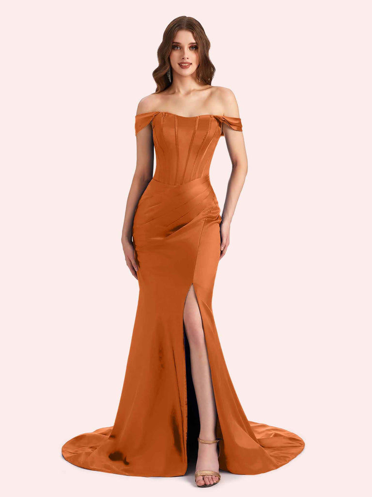 Sexy Side Slit Off Shoulder Mermaid Soft Satin Long Matron of Honor Dress For Wedding For Sale