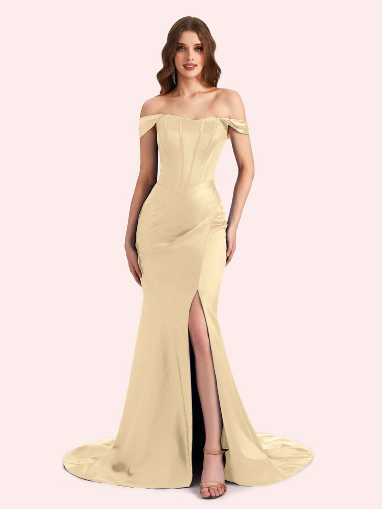 Sexy Side Slit Off Shoulder Mermaid Soft Satin Long Matron of Honor Dress For Wedding For Sale