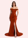 Sexy Side Slit Off Shoulder Mermaid Soft Satin Long Matron of Honor Dress For Wedding