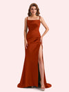 Simple Mermaid Spaghetti Straps Side Slit Soft Satin Long Matron of Honor Dress For Wedding