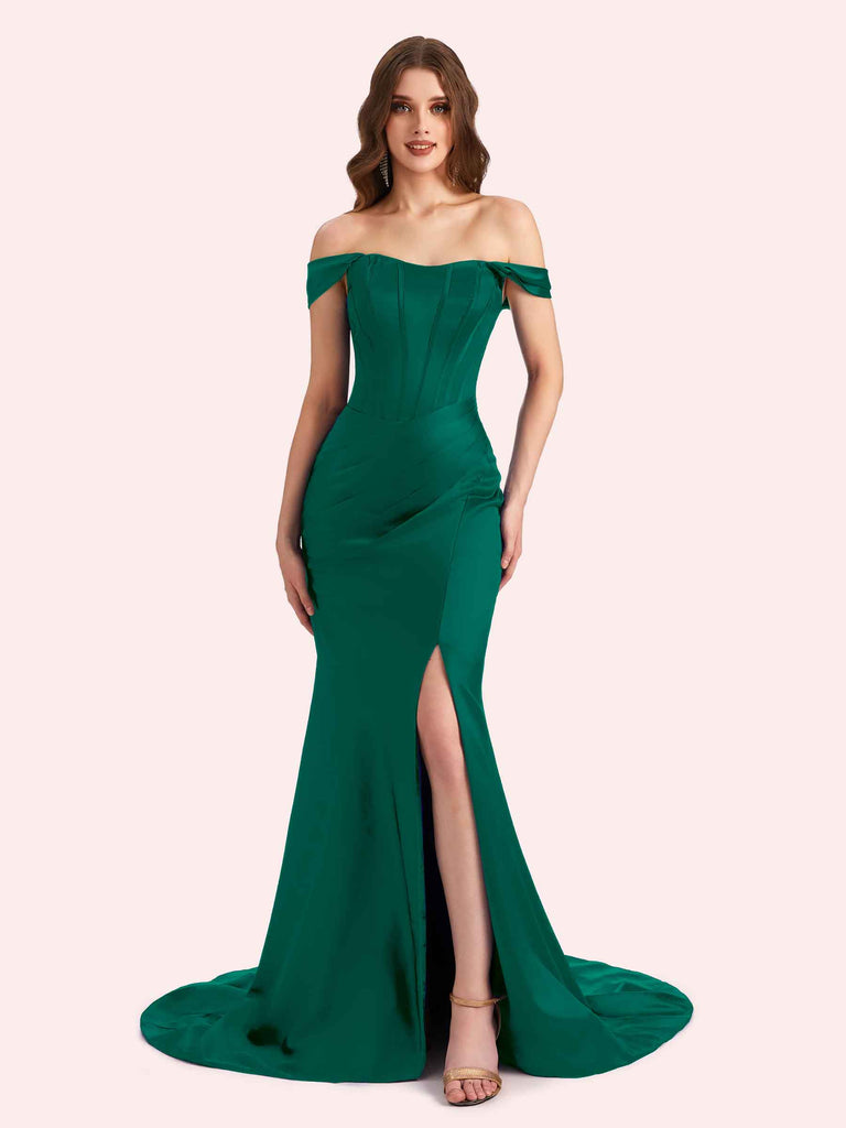 Sexy Side Slit Off Shoulder Mermaid Soft Satin Long Matron of Honor Dress For Wedding Sexy Side Slit Off Shoulder Mermaid Soft Satin Long Matron of Honor Dress For Wedding