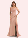 Simple Mermaid Spaghetti Straps Side Slit Soft Satin Long Matron of Honor Dress For Wedding