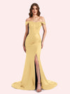 Sexy Side Slit Off Shoulder Mermaid Soft Satin Long Matron of Honor Dress For Wedding