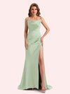 Simple Mermaid Spaghetti Straps Side Slit Soft Satin Long Matron of Honor Dress For Wedding