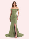 Sexy Side Slit Off Shoulder Mermaid Soft Satin Long Matron of Honor Dress For Wedding