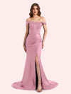 Sexy Side Slit Off Shoulder Mermaid Soft Satin Long Matron of Honor Dress For Wedding