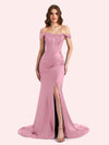 Sexy Side Slit Off Shoulder Mermaid Soft Satin Long Matron of Honor Dress For Wedding For Sale