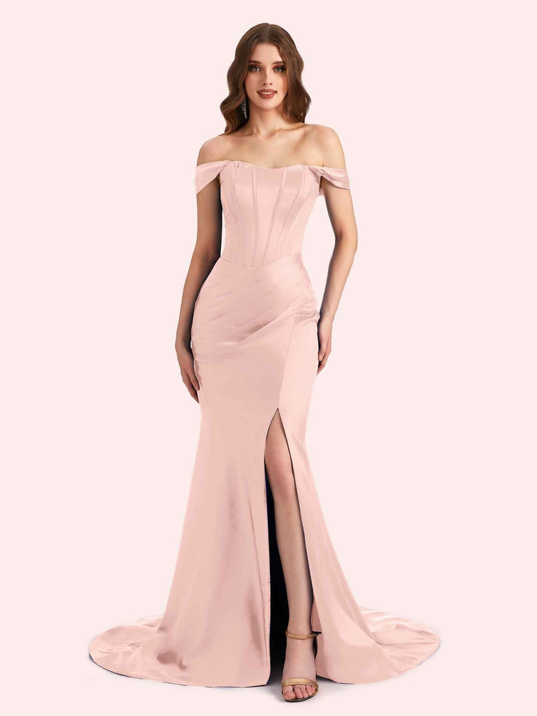 Sexy Side Slit Off Shoulder Mermaid Soft Satin Long Matron of Honor Dress For Wedding For Sale