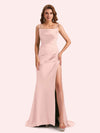 Simple Mermaid Spaghetti Straps Side Slit Soft Satin Long Matron of Honor Dress For Wedding