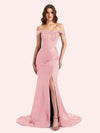 Sexy Side Slit Off Shoulder Mermaid Soft Satin Long Matron of Honor Dress For Wedding