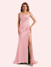 Simple Mermaid Spaghetti Straps Side Slit Soft Satin Long Matron of Honor Dress For Wedding