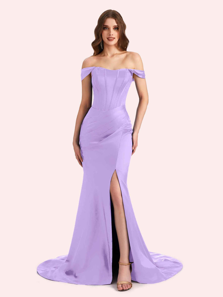 Sexy Side Slit Off Shoulder Mermaid Soft Satin Long Matron of Honor Dress For Wedding For Sale