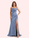 Simple Mermaid Spaghetti Straps Side Slit Soft Satin Long Matron of Honor Dress For Wedding