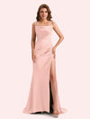 Simple Mermaid Spaghetti Straps Side Slit Soft Satin Long Matron of Honor Dress For Wedding