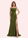 Simple Mermaid Spaghetti Straps Side Slit Soft Satin Long Matron of Honor Dress For Wedding