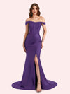 Sexy Side Slit Off Shoulder Mermaid Soft Satin Long Matron of Honor Dress For Wedding