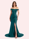 Sexy Side Slit Off Shoulder Mermaid Soft Satin Long Matron of Honor Dress For Wedding