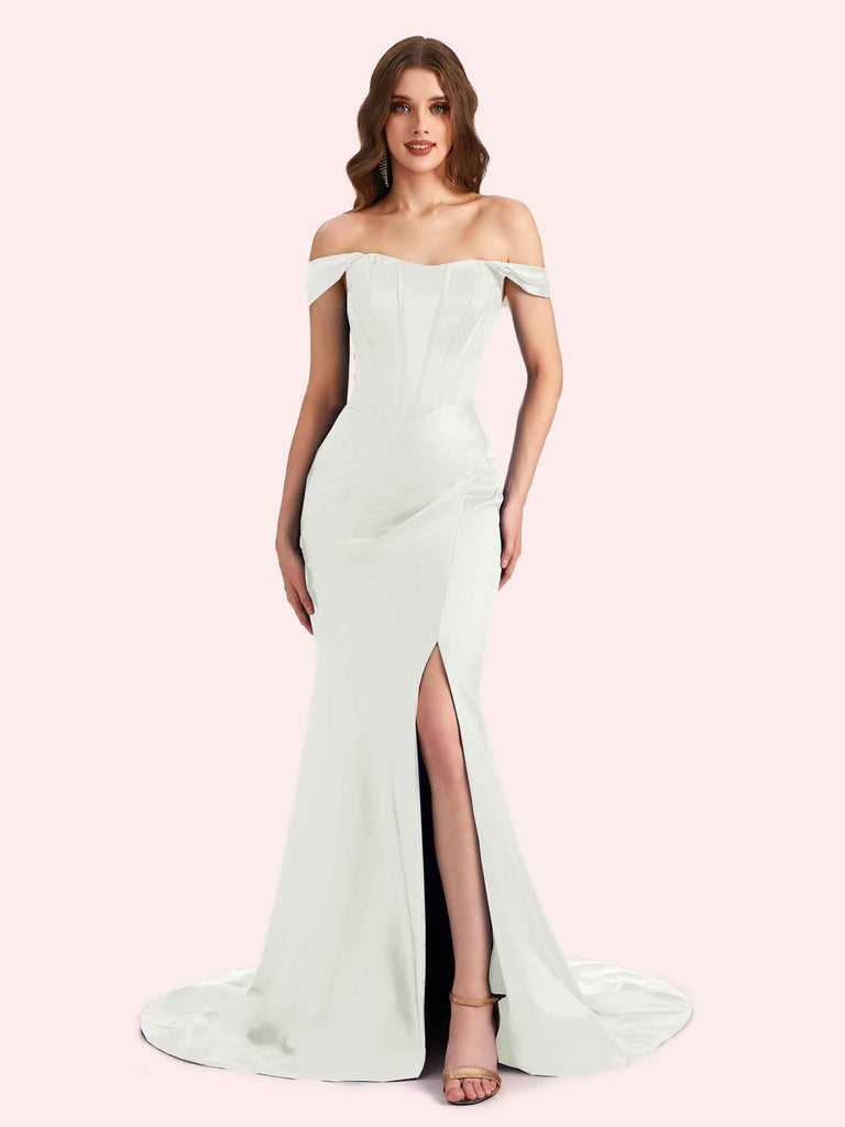 Sexy Side Slit Off Shoulder Mermaid Soft Satin Long Matron of Honor Dress For Wedding For Sale