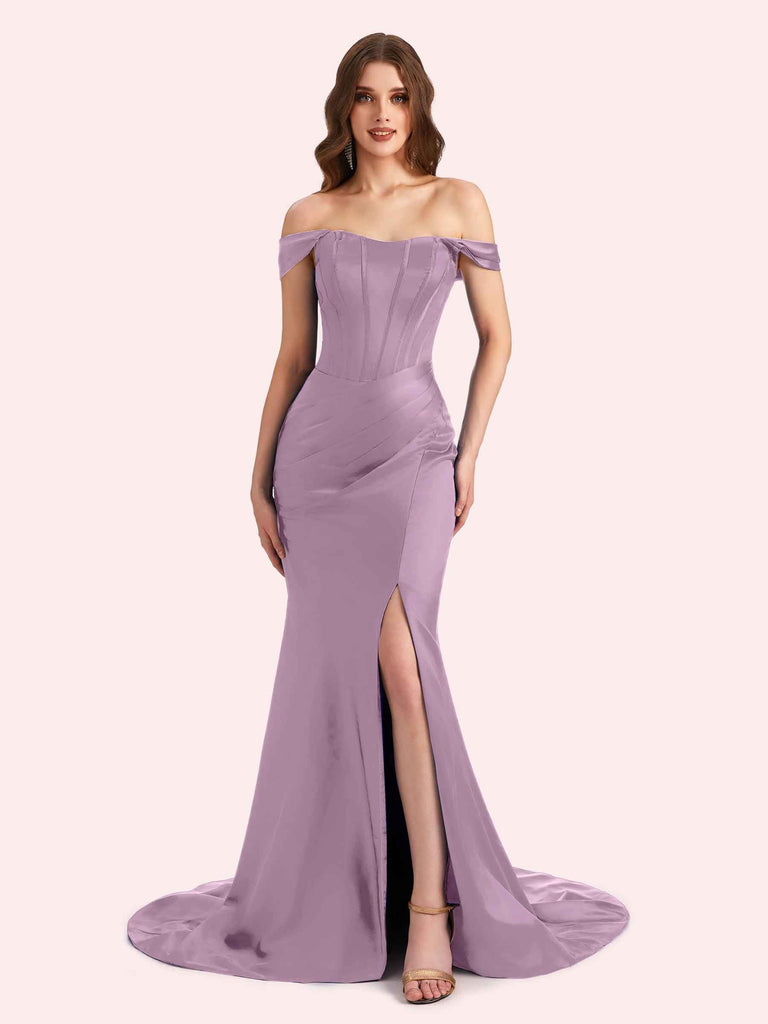 Sexy Side Slit Off Shoulder Mermaid Soft Satin Long Matron of Honor Dress For Wedding For Sale