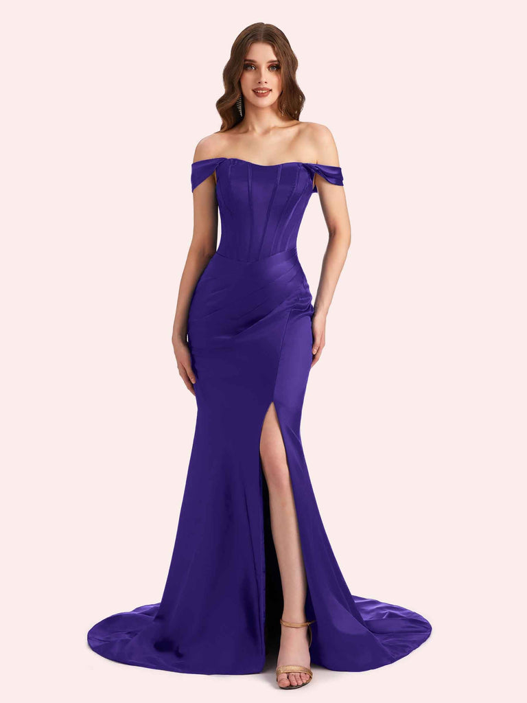 Sexy Side Slit Off Shoulder Mermaid Soft Satin Long Matron of Honor Dress For Wedding For Sale