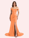 Sexy Side Slit Off Shoulder Mermaid Soft Satin Long Matron of Honor Dress For Wedding