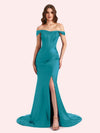 Sexy Side Slit Off Shoulder Mermaid Soft Satin Long Matron of Honor Dress For Wedding