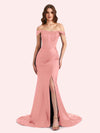 Sexy Side Slit Off Shoulder Mermaid Soft Satin Long Matron of Honor Dress For Wedding