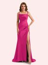 Simple Mermaid Spaghetti Straps Side Slit Soft Satin Long Matron of Honor Dress For Wedding