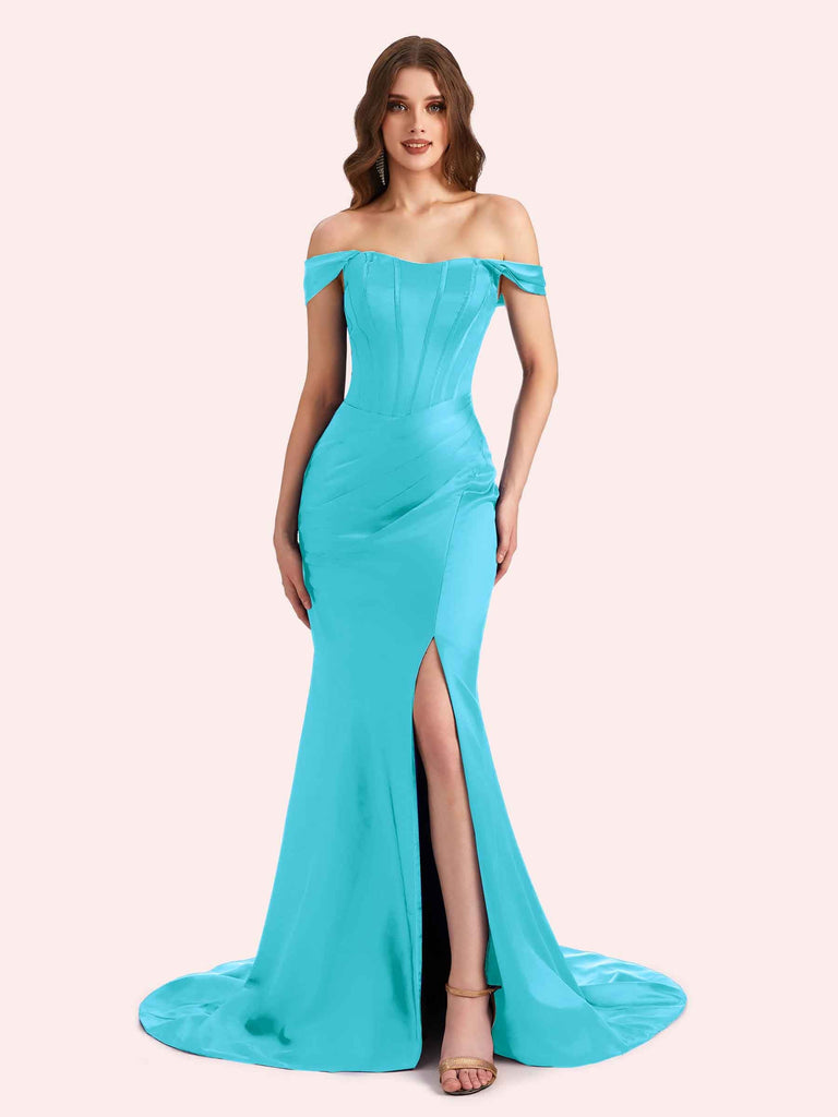 Sexy Side Slit Off Shoulder Mermaid Soft Satin Long Matron of Honor Dress For Wedding For Sale