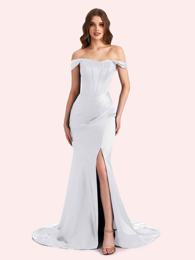 Sexy Side Slit Off Shoulder Mermaid Soft Satin Long Matron of Honor Dress For Wedding For Sale