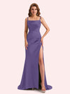 Simple Mermaid Spaghetti Straps Side Slit Soft Satin Long Matron of Honor Dress For Wedding