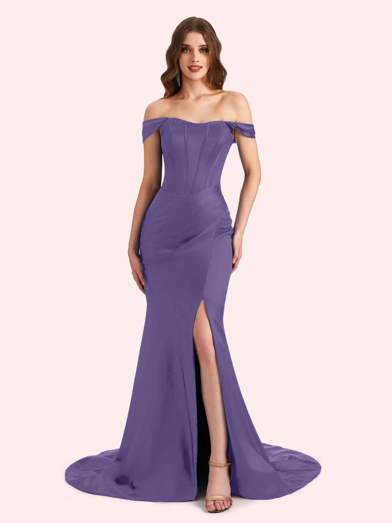 Sexy Side Slit Off Shoulder Mermaid Soft Satin Long Matron of Honor Dress For Wedding For Sale