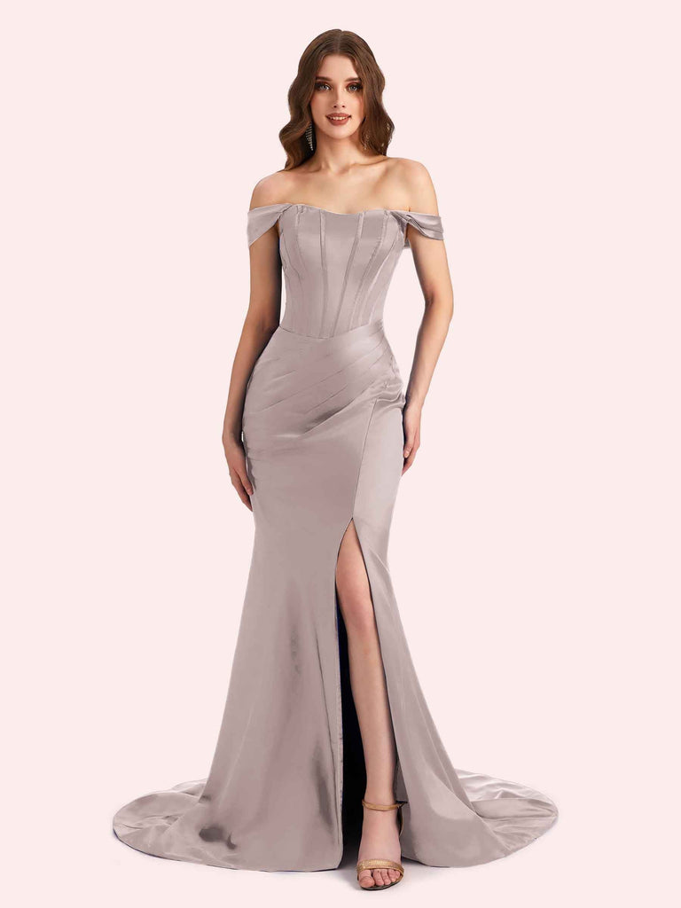 Sexy Side Slit Off Shoulder Mermaid Soft Satin Long Matron of Honor Dress For Wedding For Sale