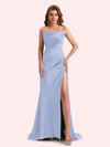 Simple Mermaid Spaghetti Straps Side Slit Soft Satin Long Matron of Honor Dress For Wedding